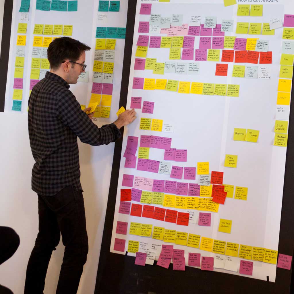 Photo of Ben putting Post-It notes on a board in an IDEO project space during a health project